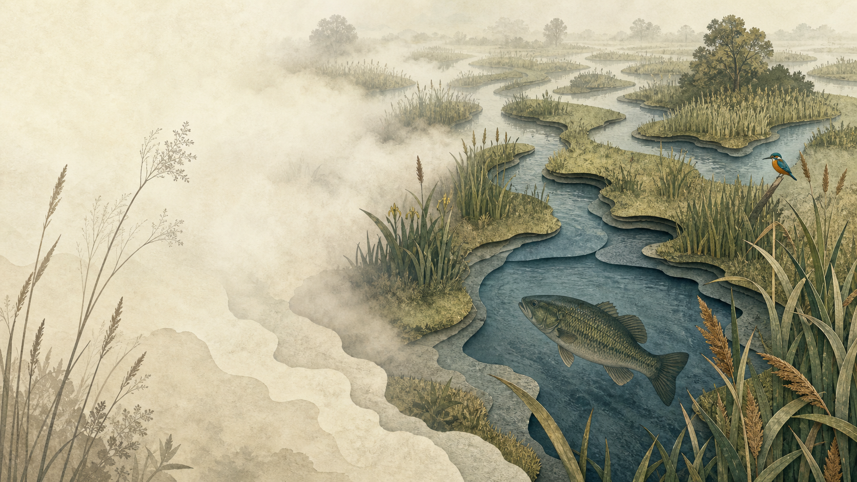 Bass in a misty maze of Norfolk reed channels